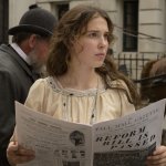 Millie Bobby Brown as Enola Holmes reading newspaper