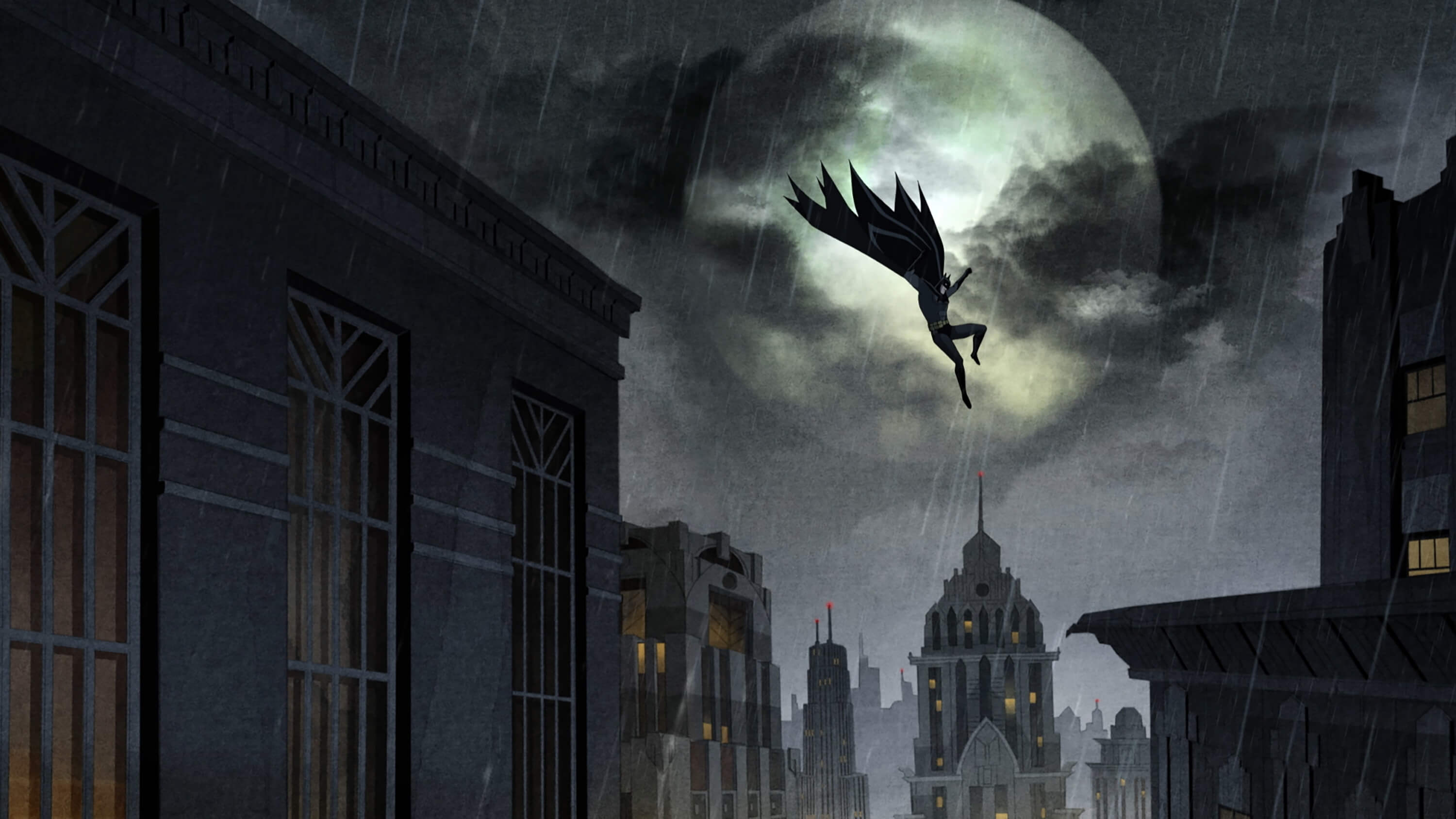 Batman: The Long Halloween Part One, Batman leaping through Gotham city
