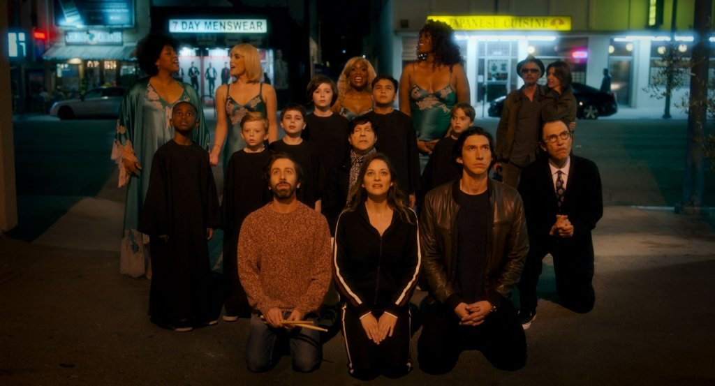 Leos Carax, Ron and Russell Mael of Sparks, Adam Driver, Marion Cotillard and Simon Helberg in the opening number of Annette