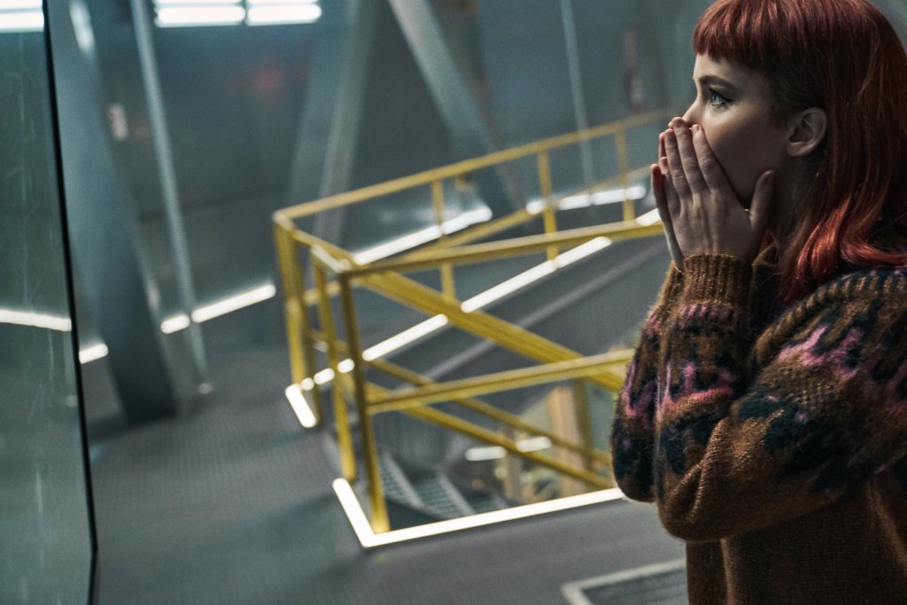 Don't Look Up production still with Jennifer Lawrence as Kate Dibiasky