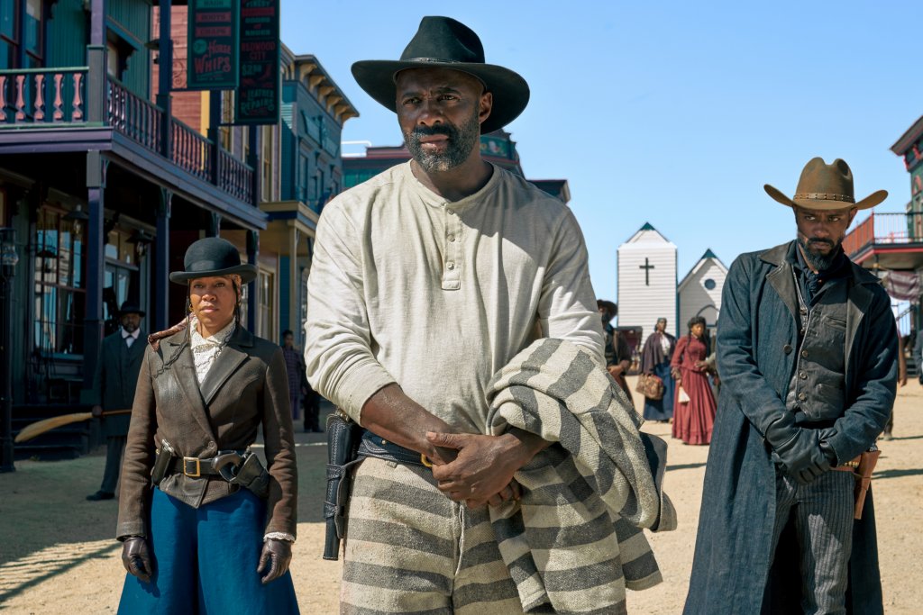 Idris Elba, Regina King and Lakeith Stanfield in The Harder They Fall