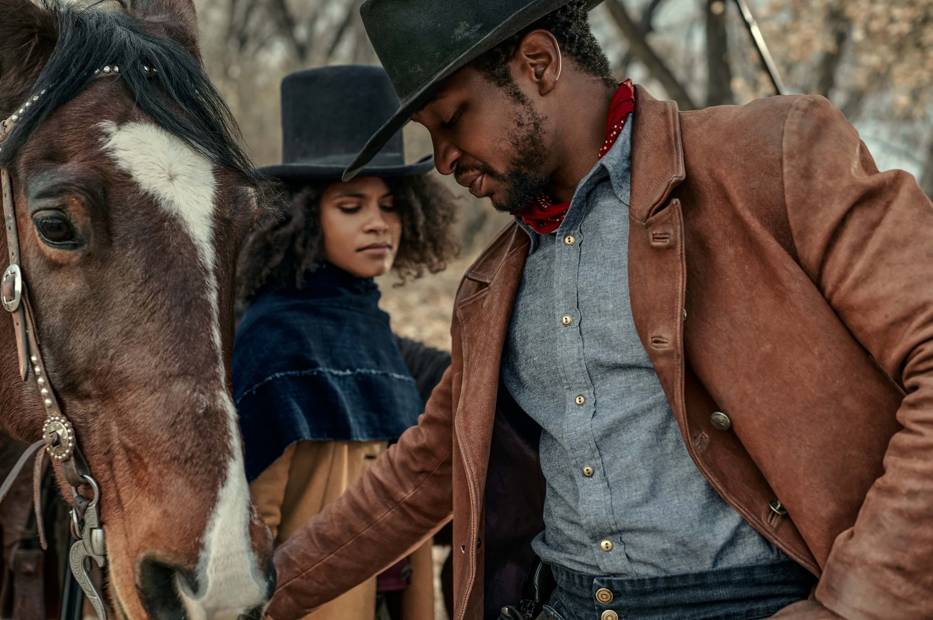 Jonathan Majors and Zazie Beetz in Netflix Western The Harder They Fall by director Jeymes Samuel