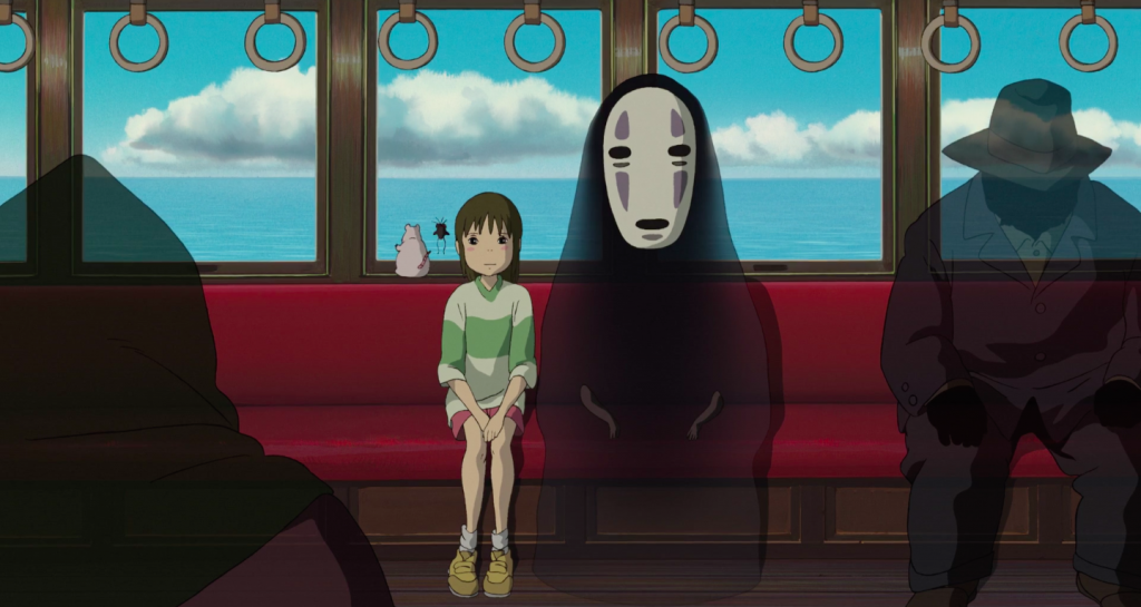 No Face and Chihiro on the bus in Spirited Away by Hayao Miyazaki