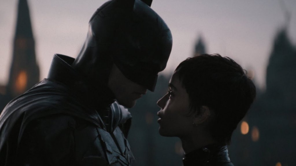 Zoe Kravitz as Catwoman/Selina Kyle and Robert Pattinson as Batman in Matt Reeves' The Batman