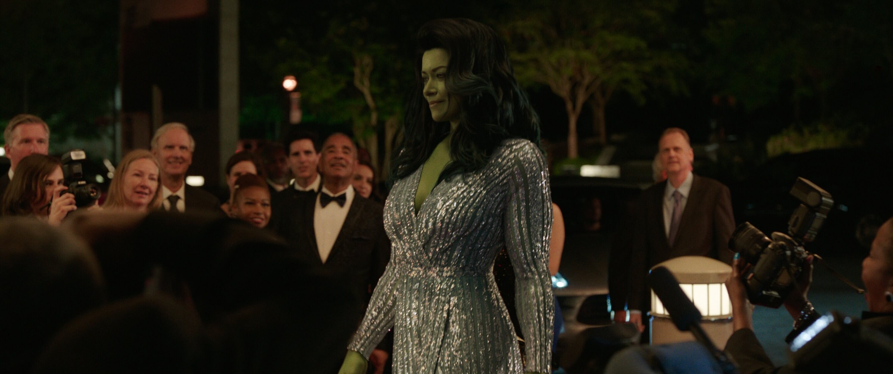 Tatiana Maslany as She-Hulk in silver dress