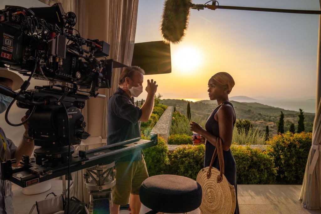 Janelle Monae and Rian Johnson on set for Glass Onion: A Knives Out Mystery