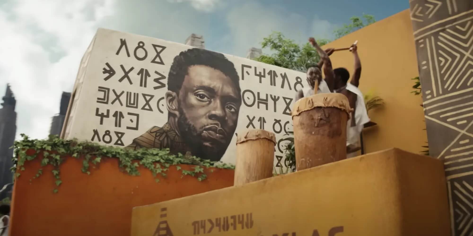 Chadwick Boseman as T'Challa on mural in Black Panther: Wakanda Forever