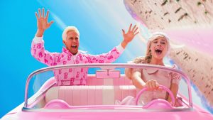 margot robbie and ryan gosling as barbie and ken in car crash