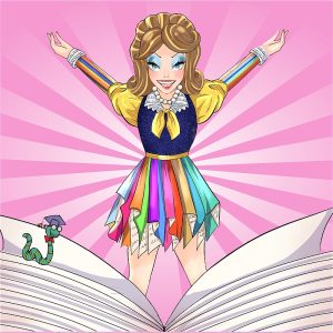 A cartoon of Panto Dame Mama G bursting out of a book