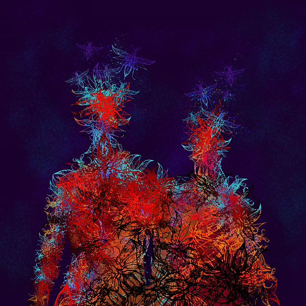 Hive hero image (Credit: Graphic Design Lily McStocker) Image Description: The colourful silhouettes of two people - one slightly taller than the other - standing next to each other, facing forward with a dark purple background. The silhouettes are made from a collage of eldritch insects in different colours, reds and oranges in the centre of the figures, and blues and purples on their edges.