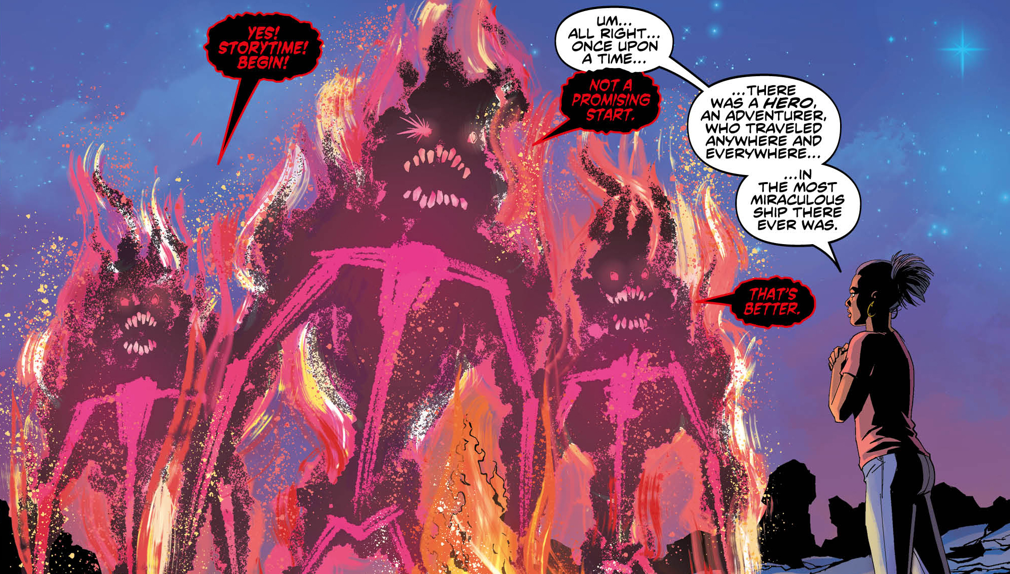 Artwork from Doctor Who Once Upon a Time Lord, in which Martha talks to the Pyromeths, aliens made of fire.