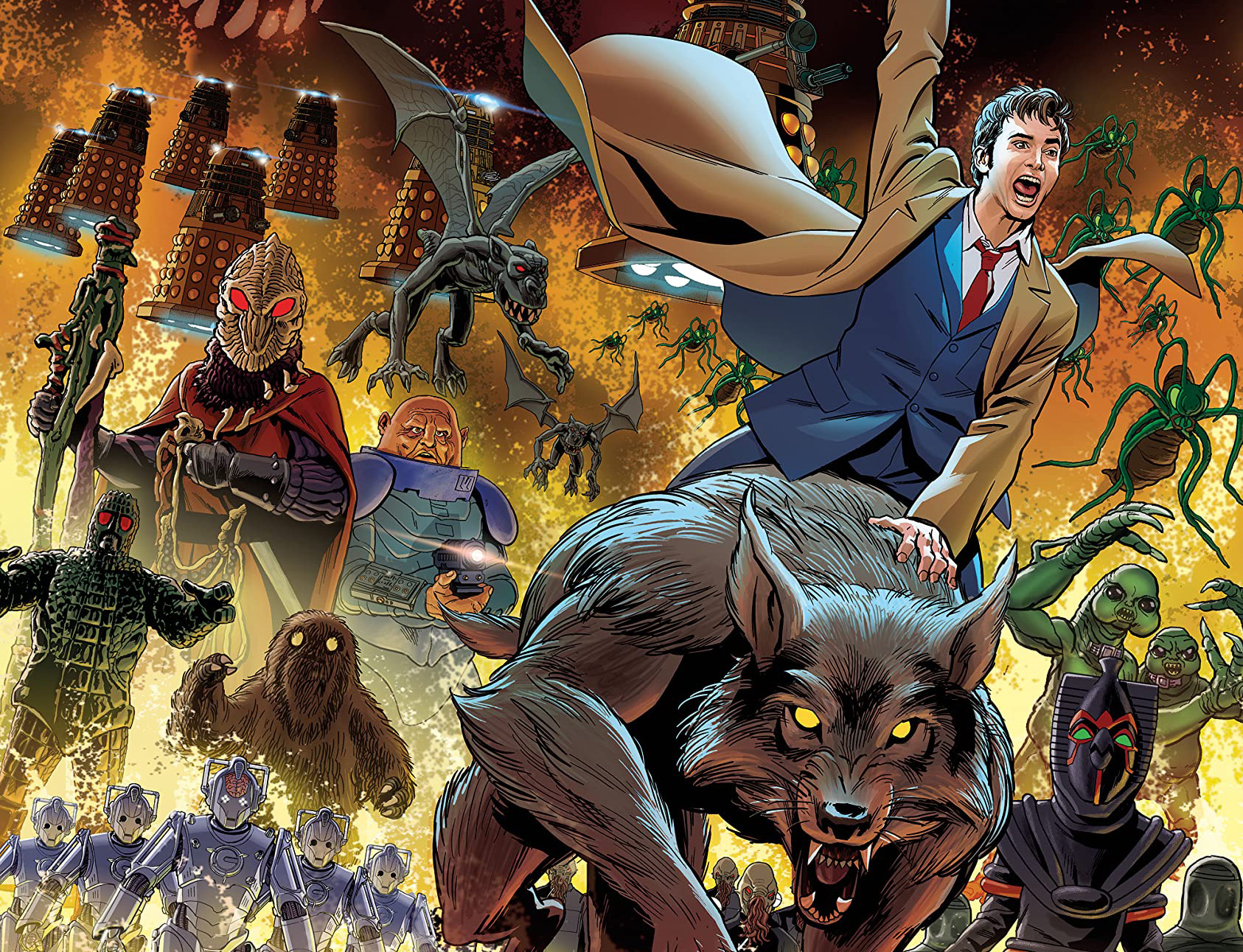 The Tenth Doctor rides a werewolf through a battle featuring his many enemies, in the cover art for Doctor Who: Once Upon a Time Lord.