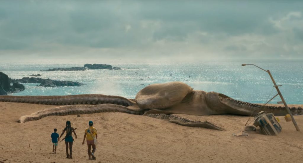 still of donald glover and giant octopus in trailer for bando stone & the new world