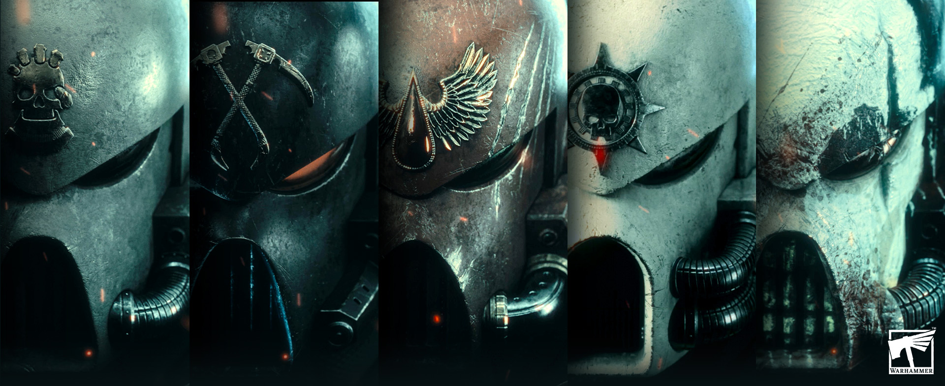 Five Space Marine Helmets in a line. Astartes Two Teaser Image Astartes Helmets