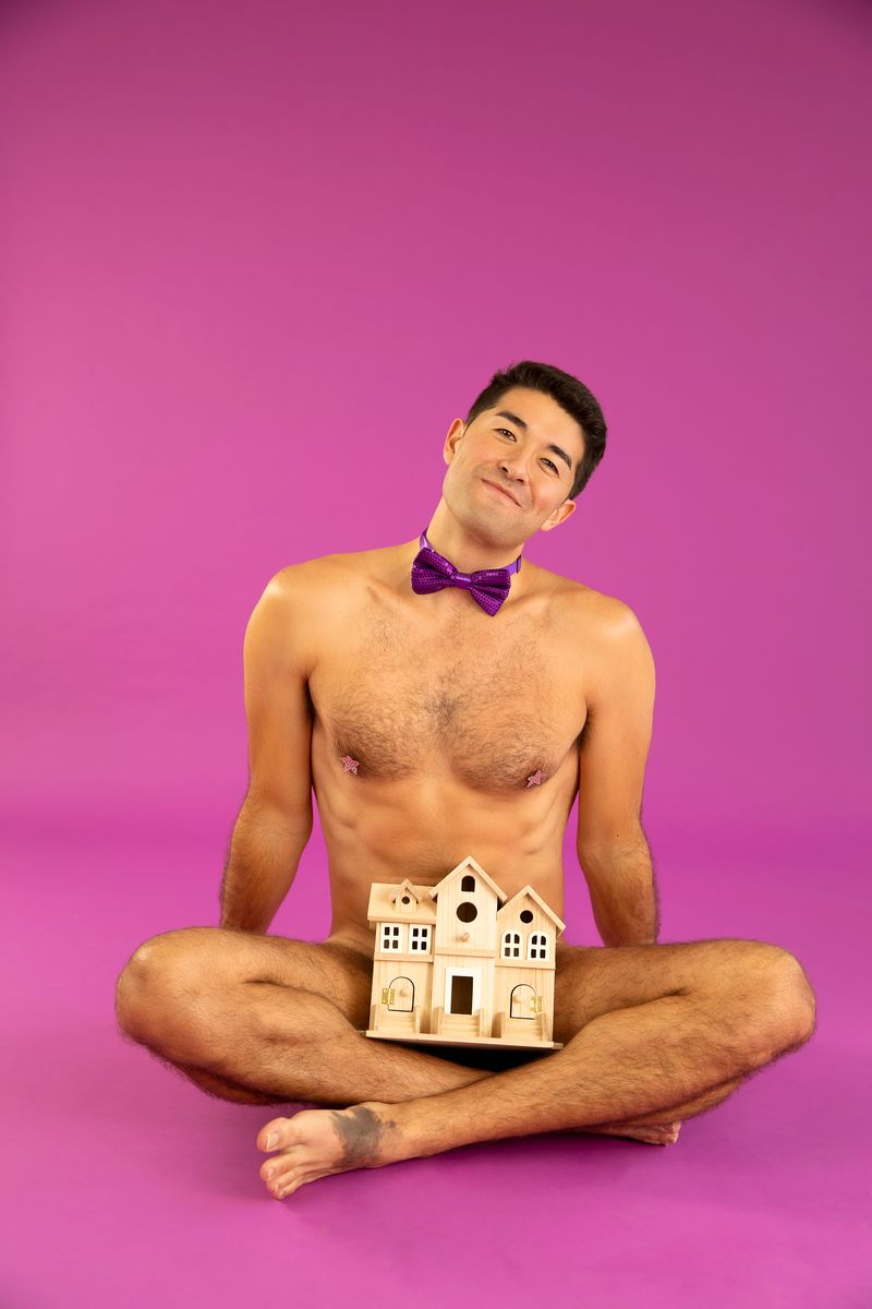 Dylan Adler naked except for a small house on his crotch CREDIT – KIM NEWMONEY
