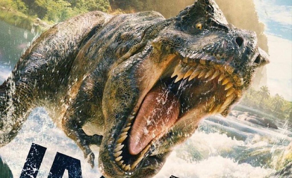 A T-rex roars in a still from Jurassic World Rebirth
