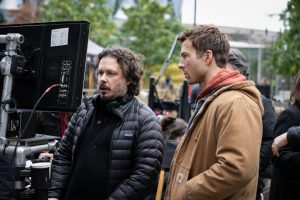 Edgar Wright and Glen Powell on location for The Running Man